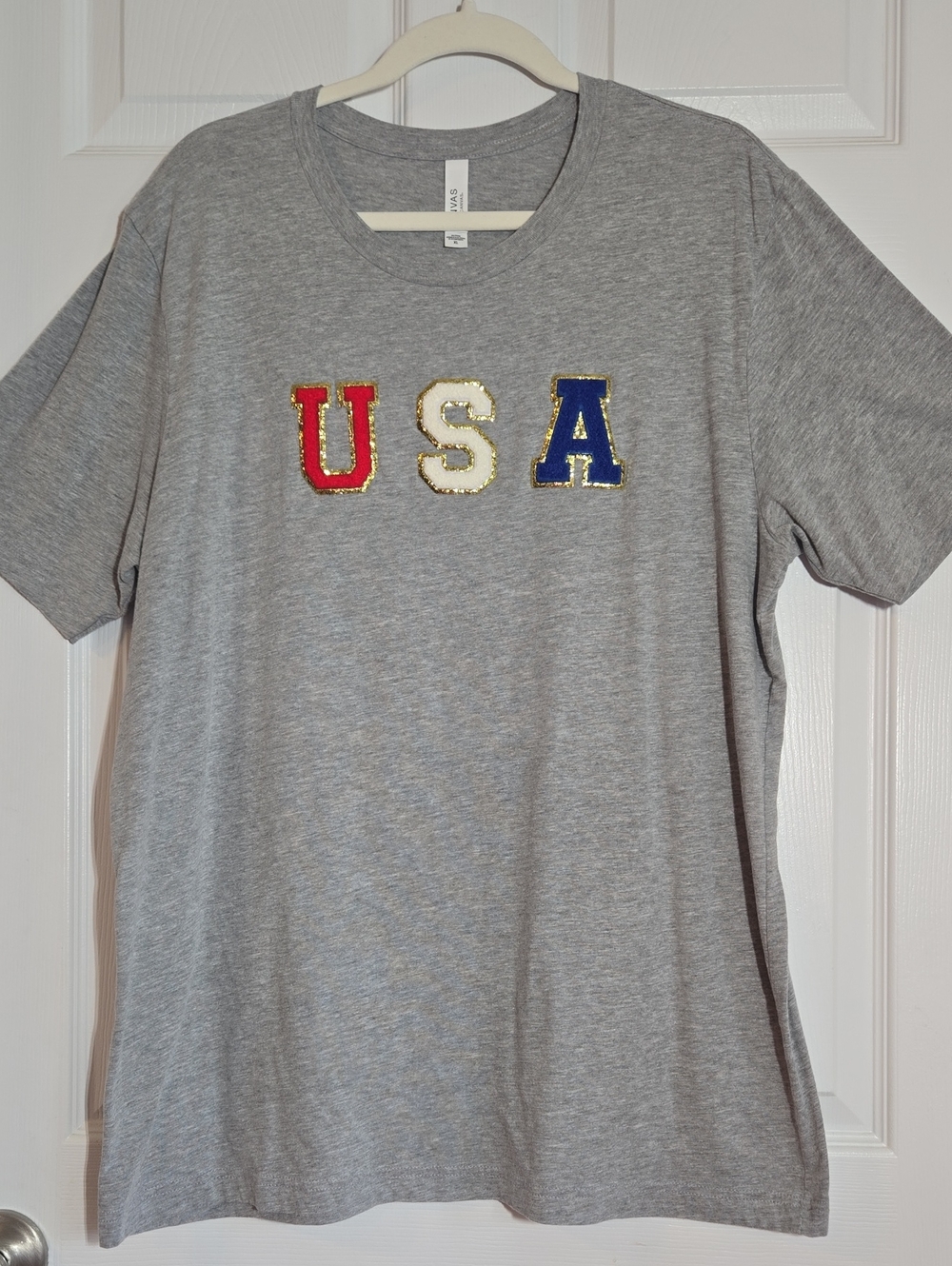 Bella Canvas Gray USA Sequin Patch Tee Size XL P2P 23-26" - Picture 1 of 5